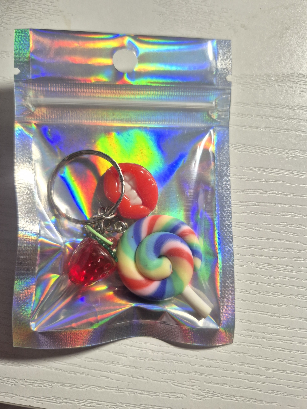 Hard Candy Rainbow Lollipop & Red Strawberry Keyring Charm